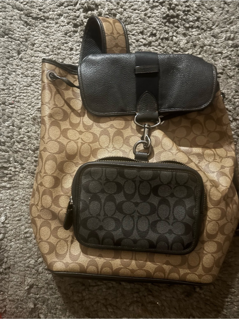 Coach Tan Signature Canvas Backpack with Dark Brown Trim